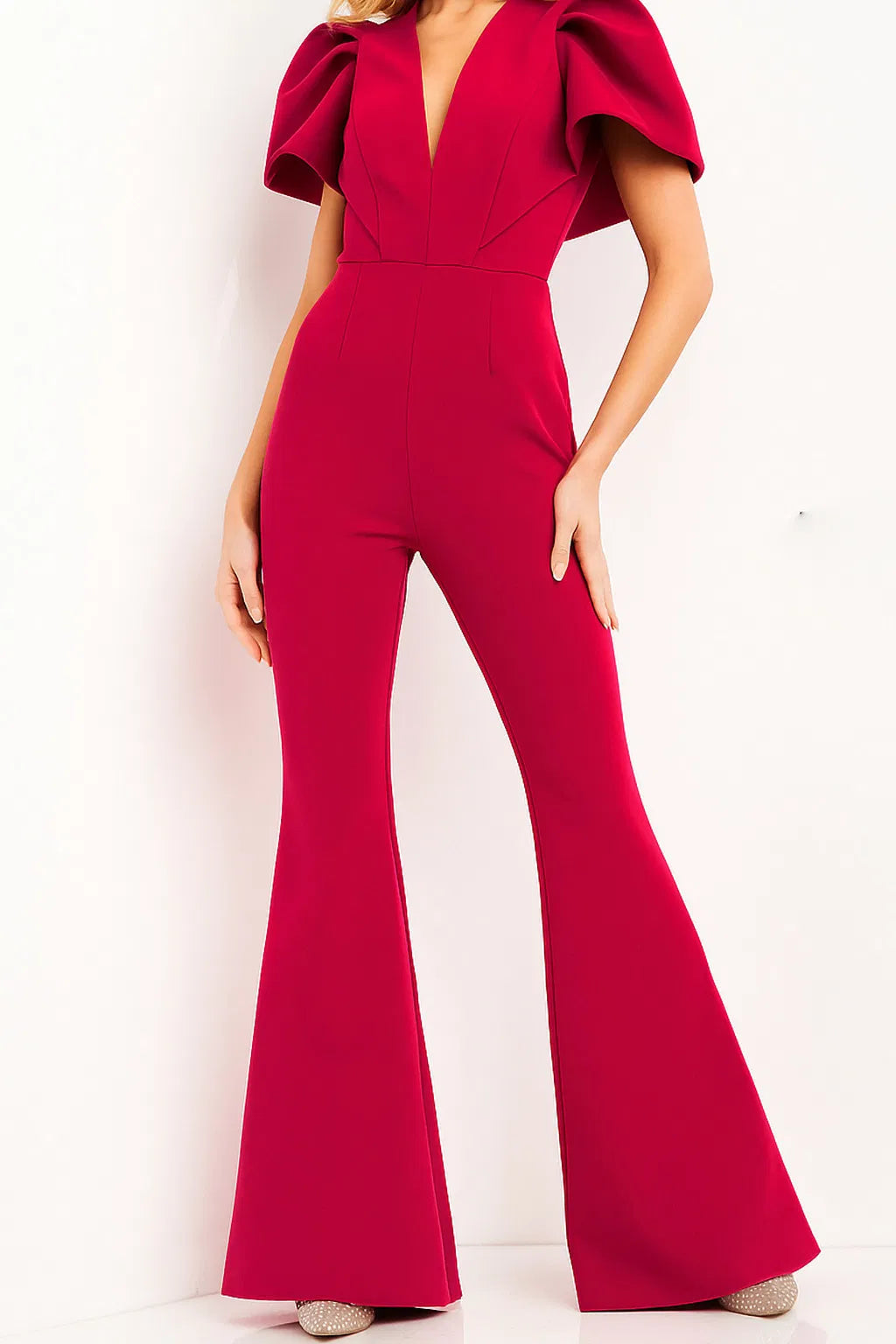 Jovani - 00762 Ruffle Angel Sleeved Split Neckline Jumpsuit - view 7