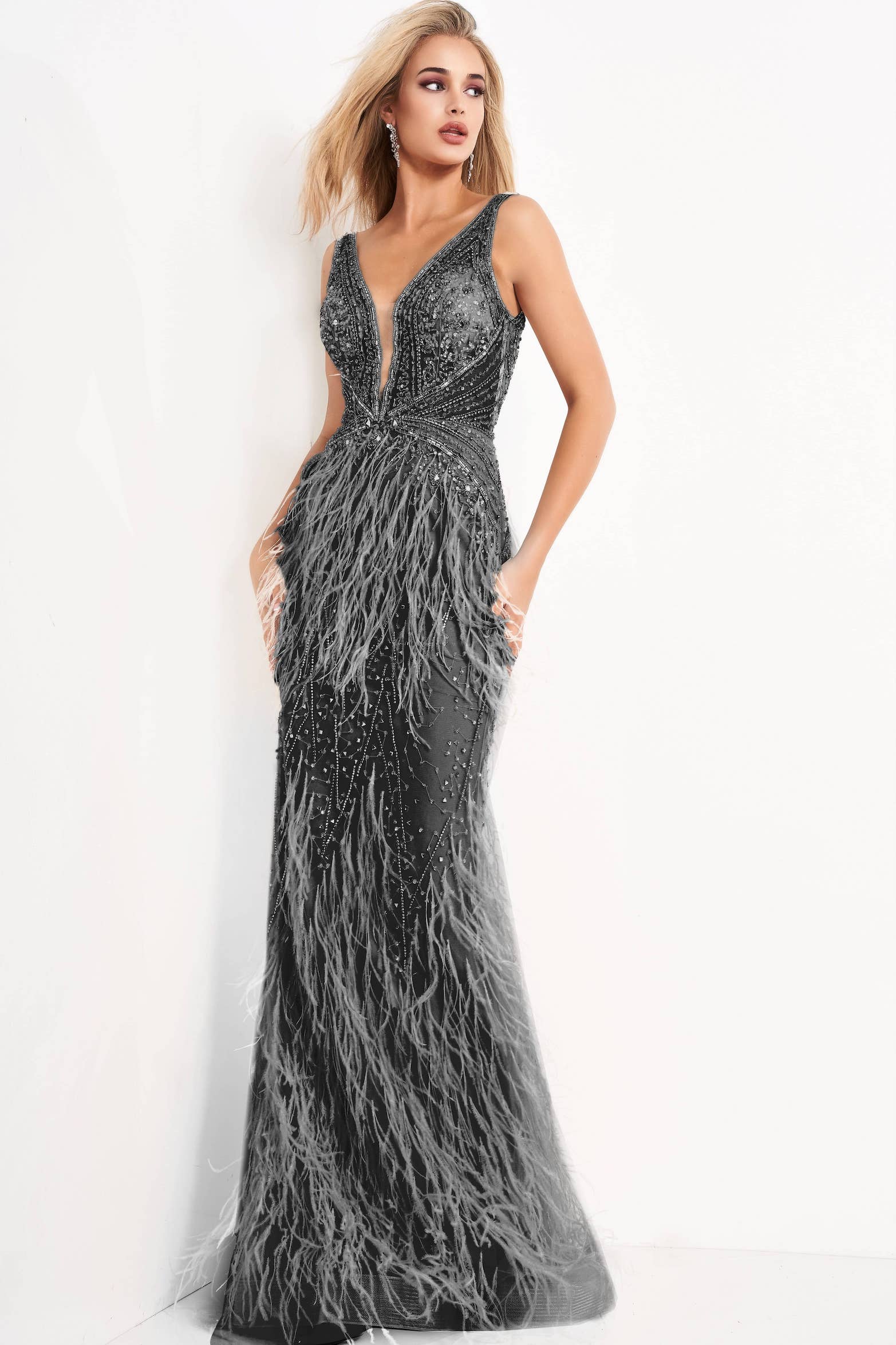 Jovani - 03023 Sheer Bodice Beaded Adorned Feather Fitted Evening Gown - designer prom dress at Silhouette Dresses