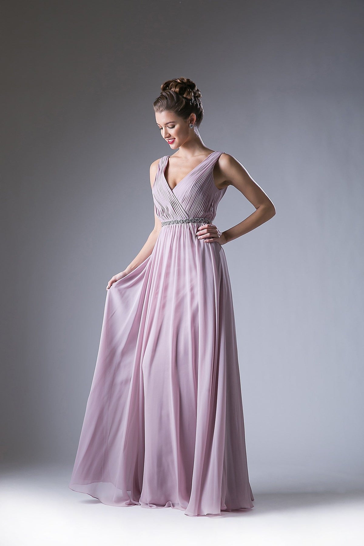 Ladivine 1001 - Adorned Surplice Pleated V-neck A-line Dress