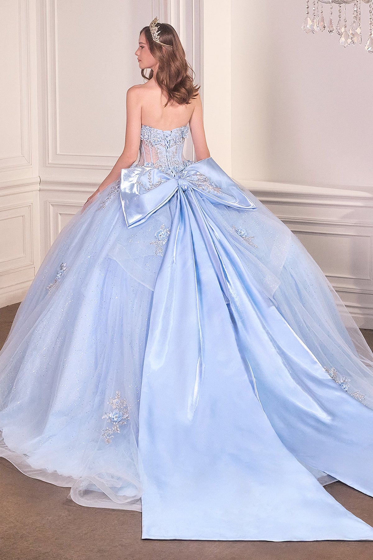 Ladivine 15726 - Glitter Tulle Floral Ball Gown with Bow
