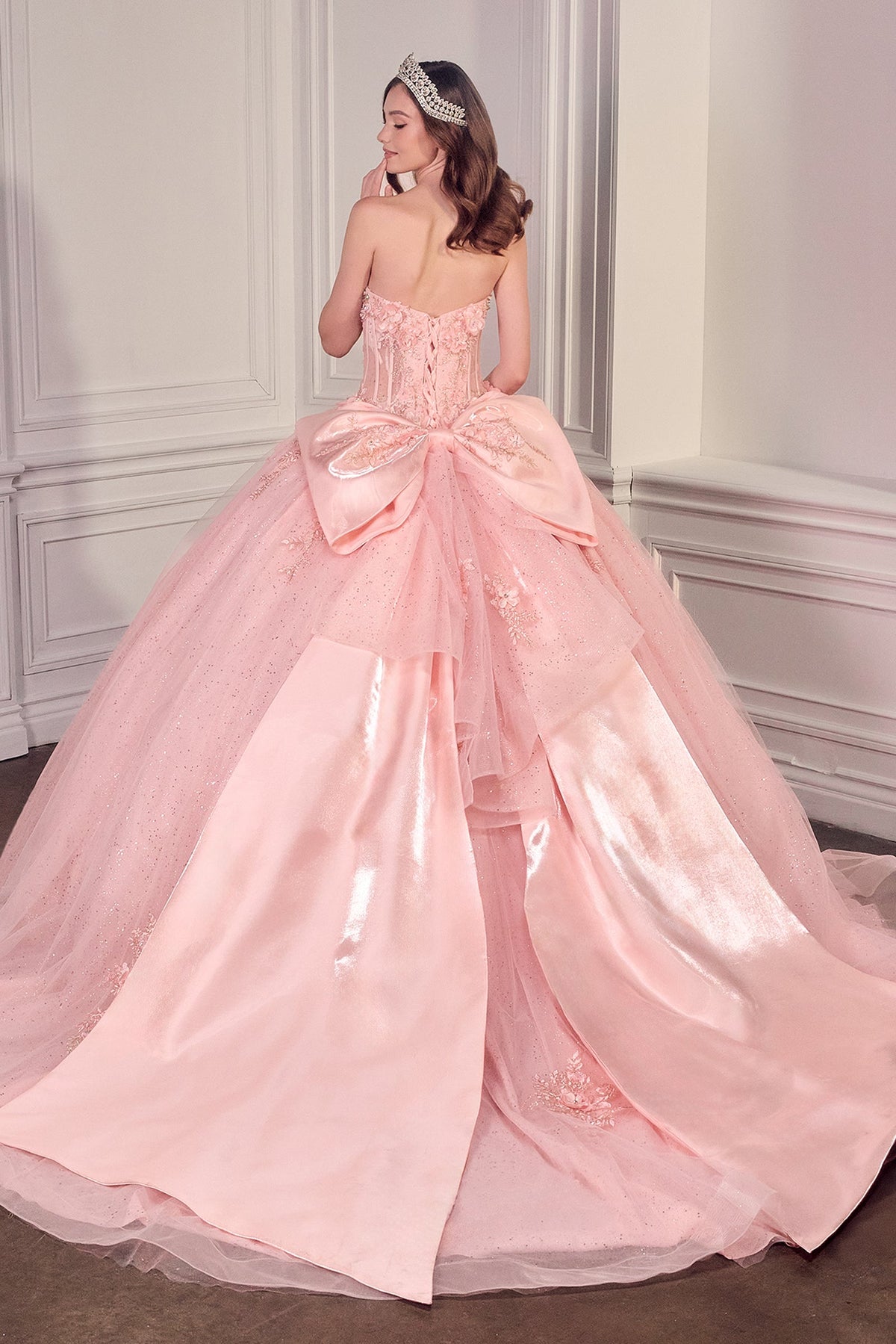 Ladivine 15726 - Glitter Tulle Floral Ball Gown with Bow