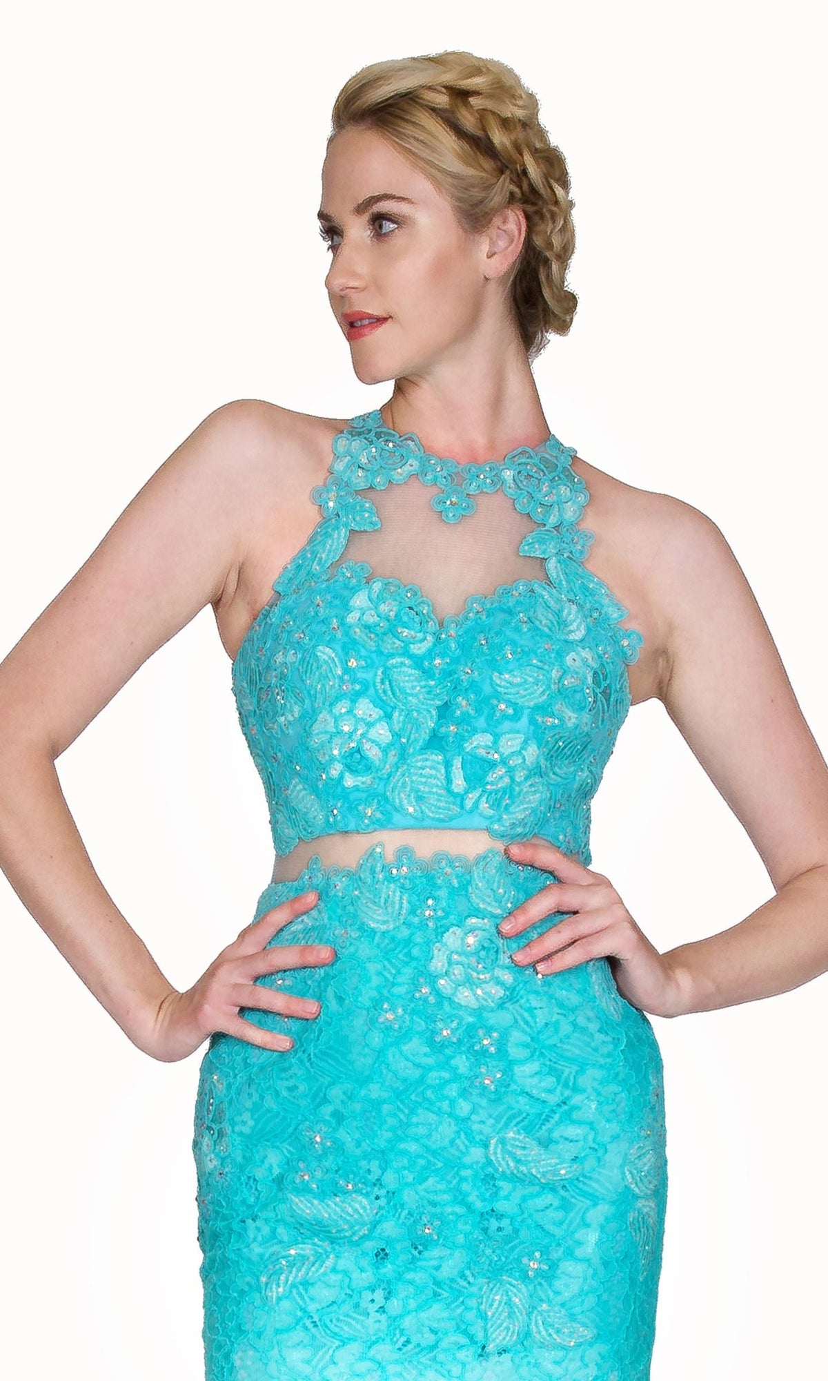 Cinderella Divine - Illusion Lace Appliqued Sheath Gown - detail view