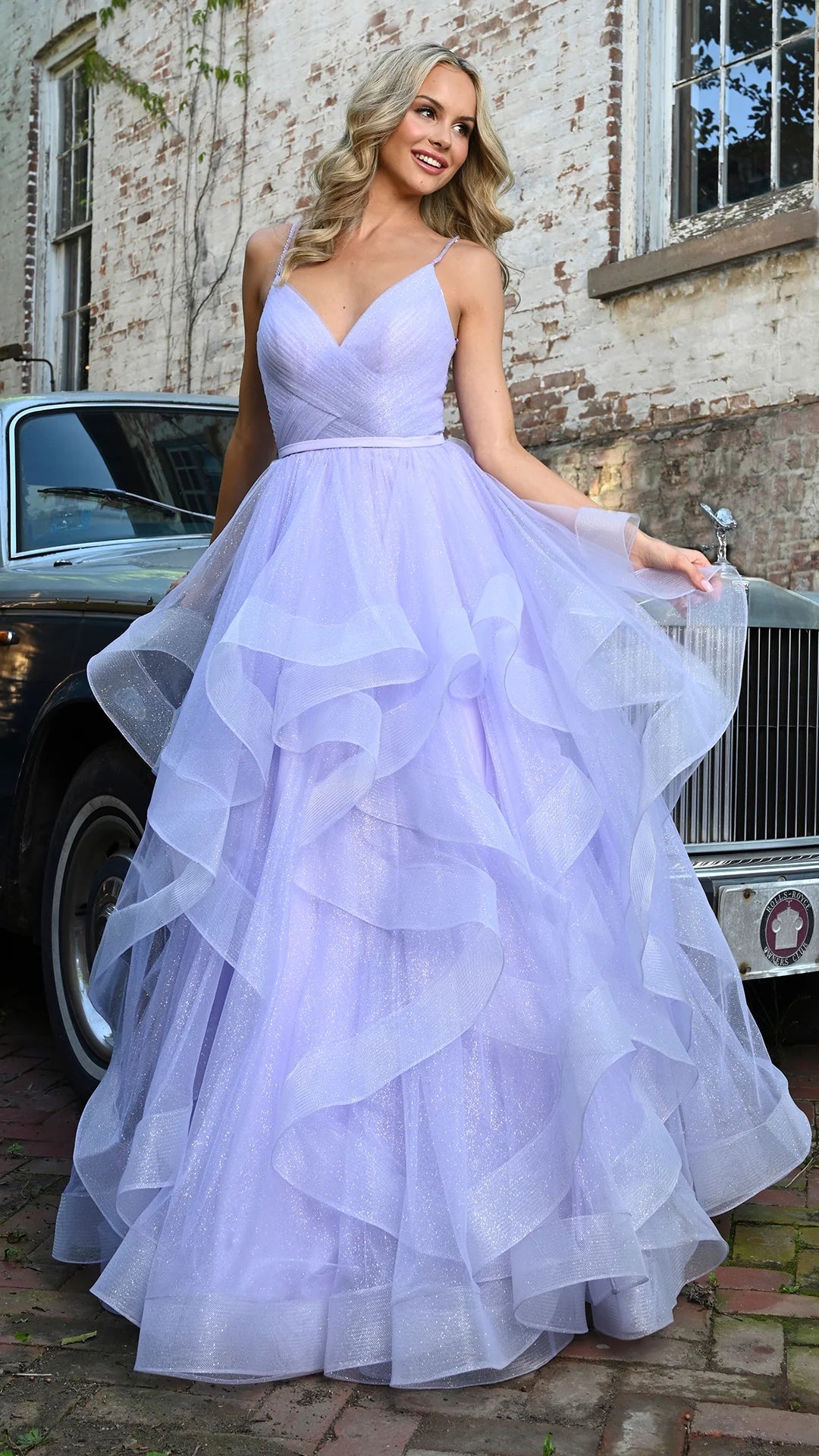 Colors Dress - 2381 V Neck Glitter Mesh Ballgown - view 8