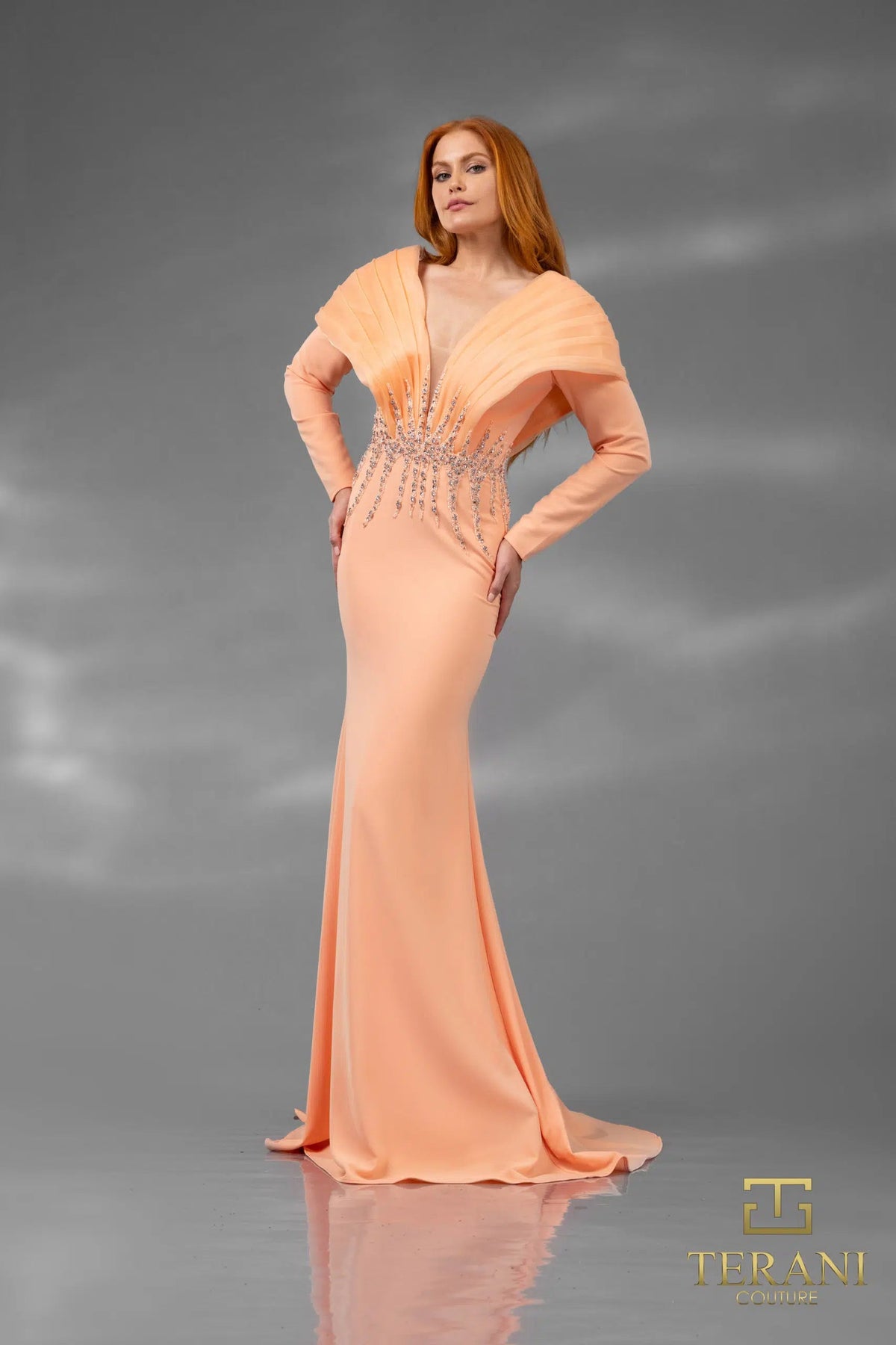 Terani Couture 251E4222 - Long Sleeve Crepe Sheath Evening Dress - back view