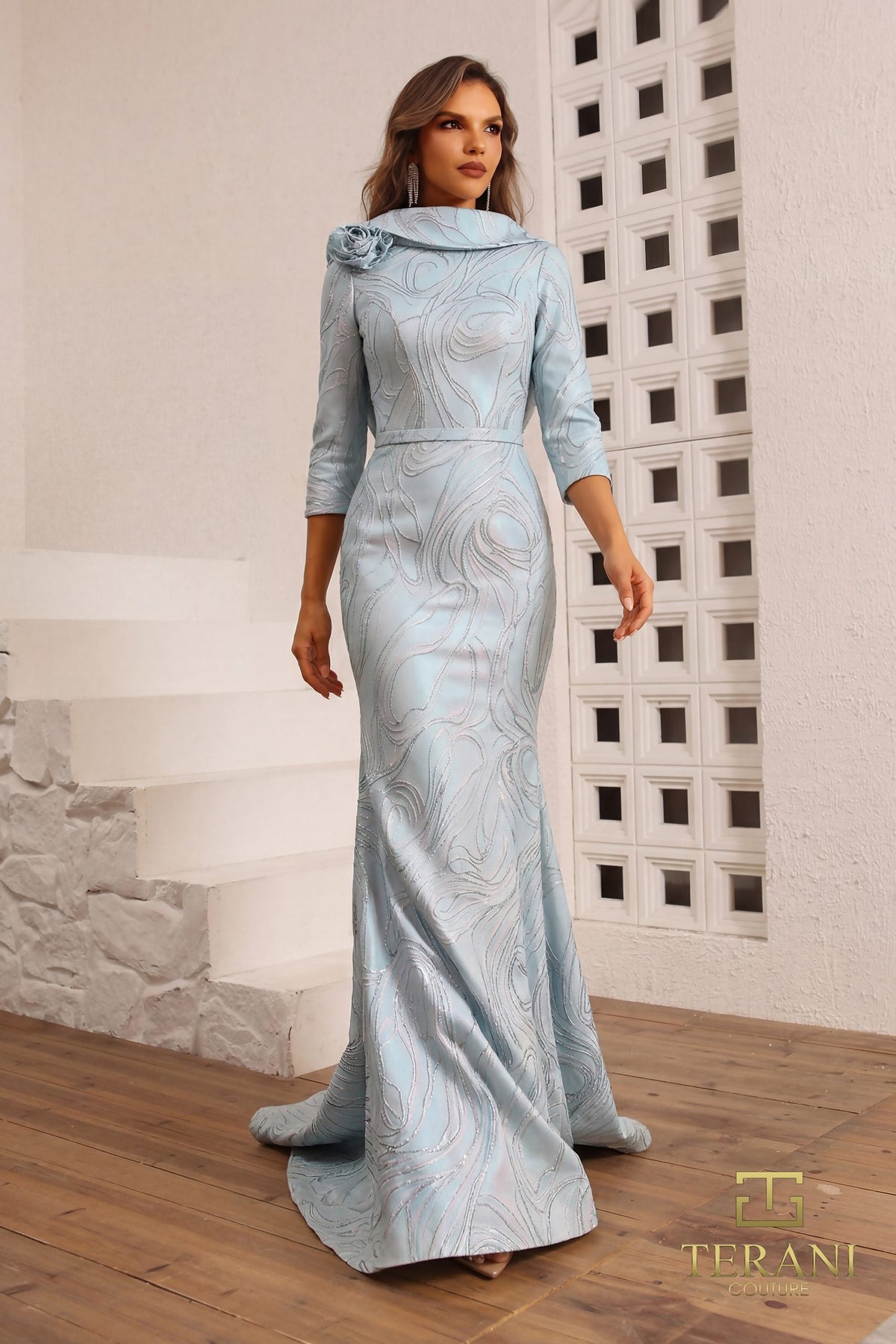 Terani Couture 251M4455 - Quarter Sleeved Jacquard Evening Dress - detail view