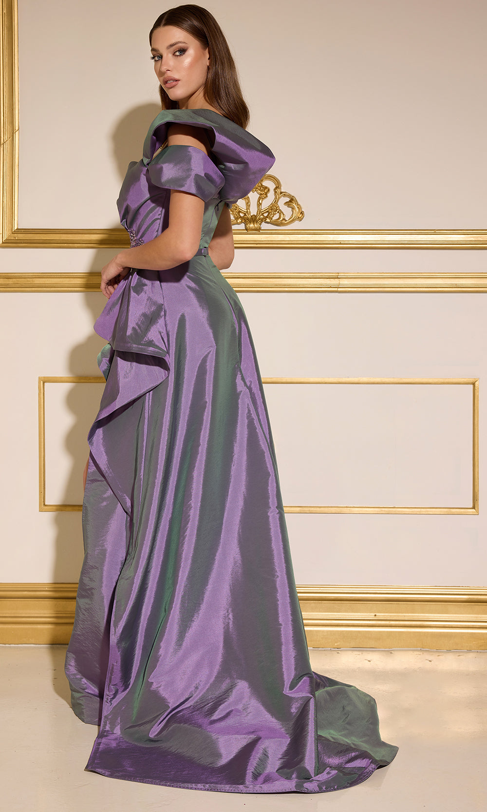 Terani Couture 252E5148 - Asymmetric Off Shoulder Taffeta Gown - detail view