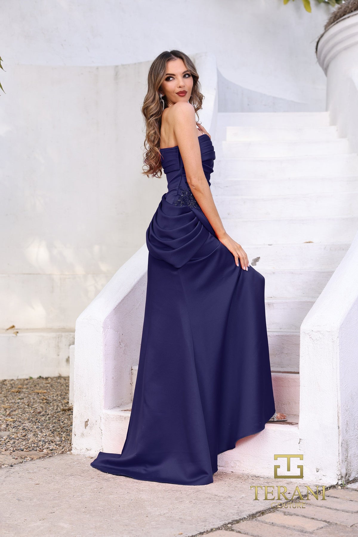 Terani Couture 252E5180 - Asymmetric Draped Sheath Gown - detail view