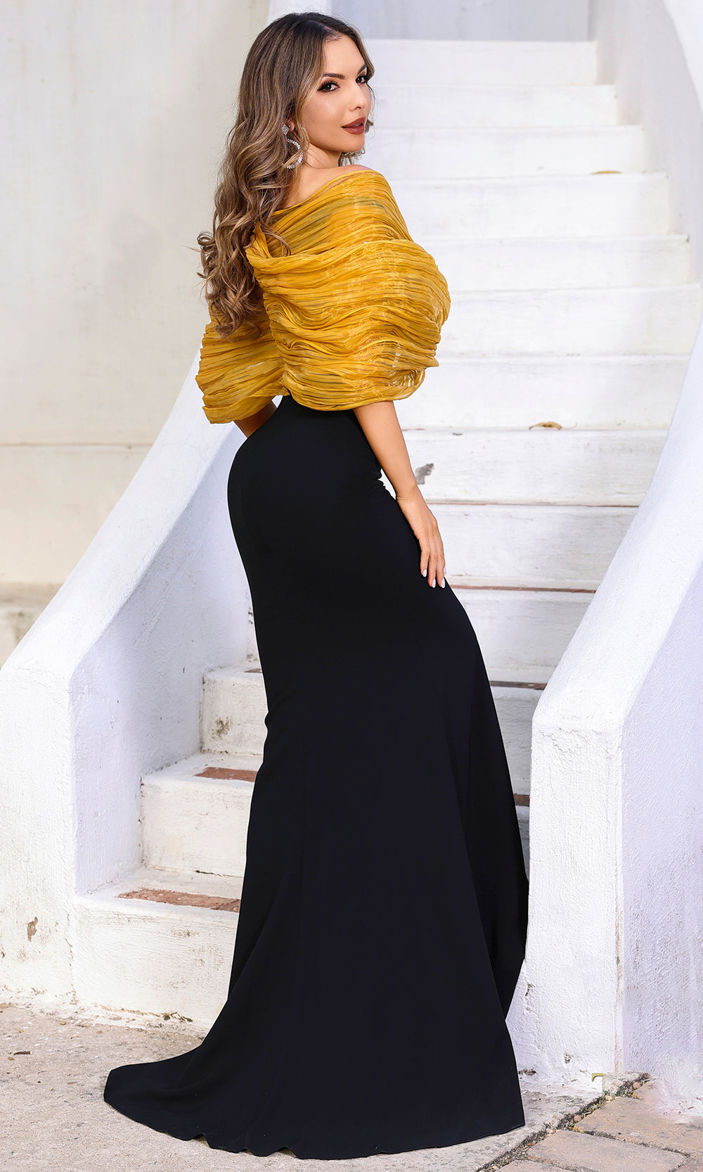 Terani Couture 252E5181 - Off Shoulder Empire Waist Gown - detail view