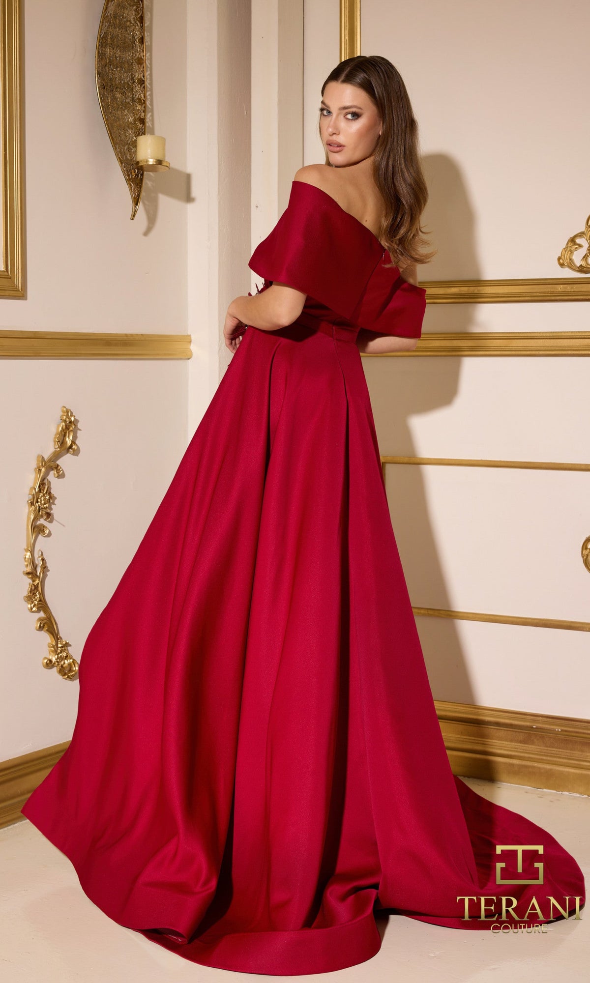 Terani Couture 252M5312 - Ruched Detail Off Shoulder Gown with Slit - detail view