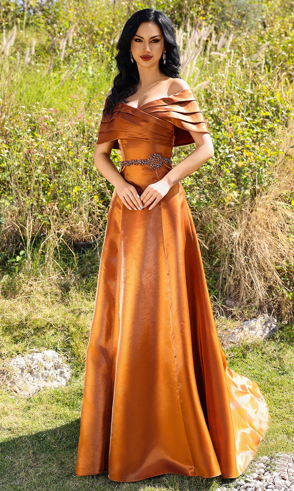Terani Couture 252M5326 - Pleated Off Shoulder A-line Gown - designer mother of the bride dress at Silhouette Dresses