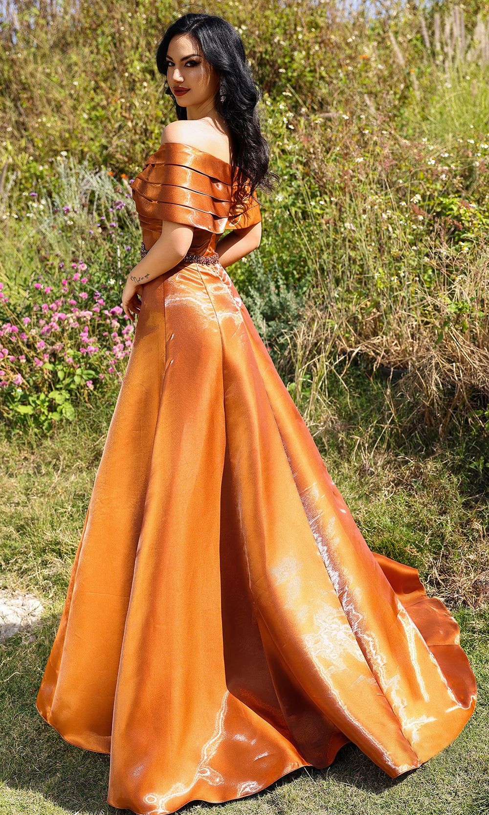 Terani Couture 252M5326 - Pleated Off Shoulder A-line Gown - detail view