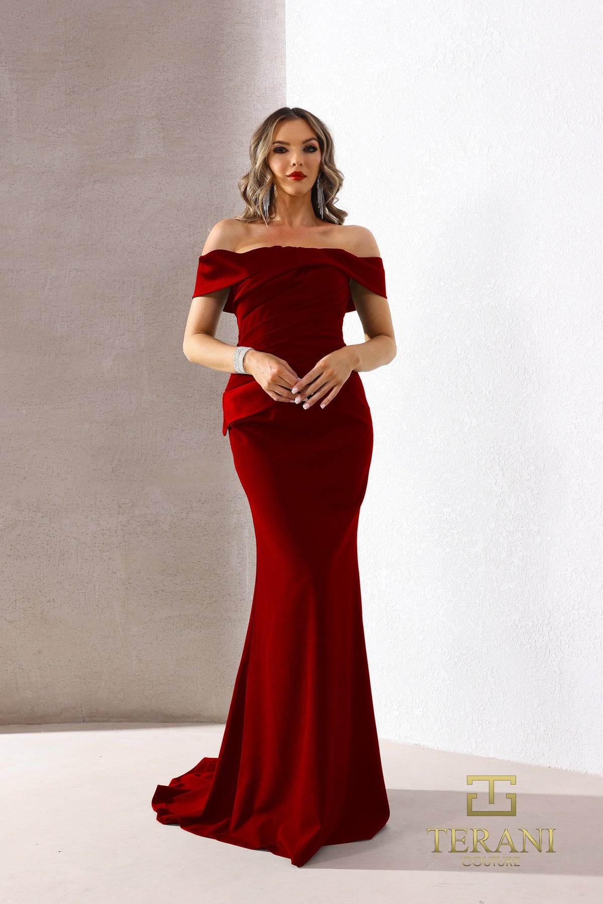 Terani Couture 252E5101 - Off Shoulder Pleated Crepe Gown - back view
