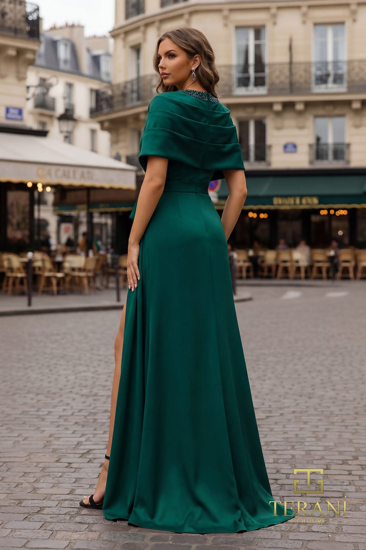 Terani Couture 252M5304 - Embellished Deep V-Neck Satin Gown - detail view