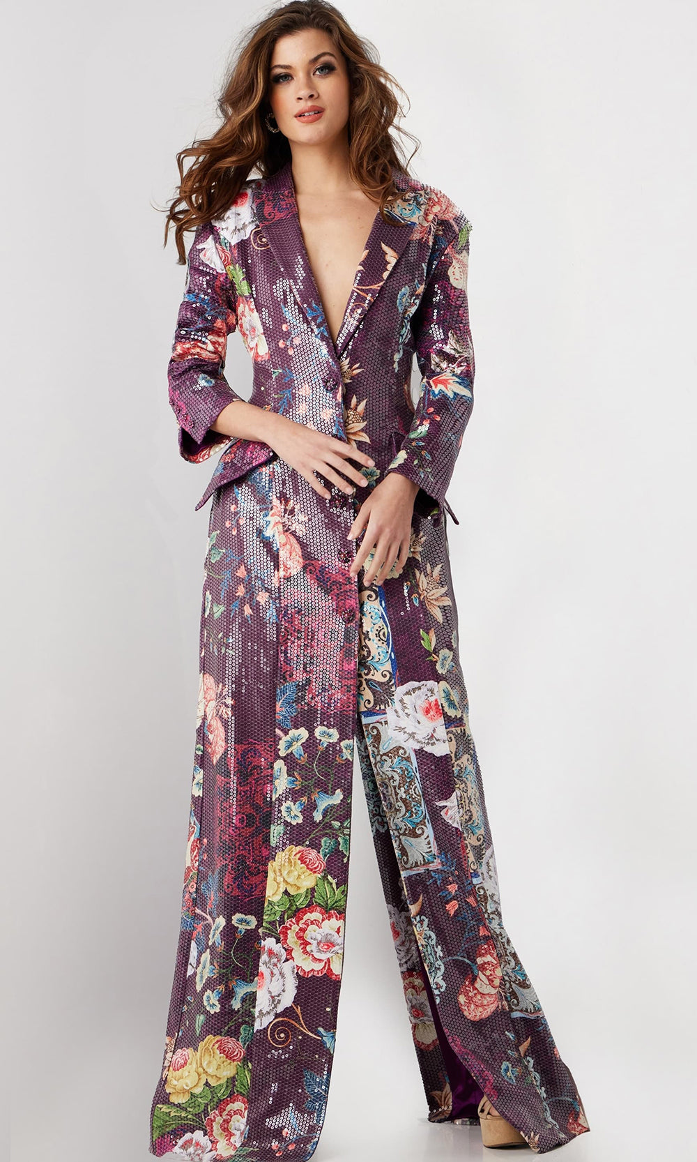 Jovani 26035 - Long Sleeve Coat Dress with Floral Print - back view