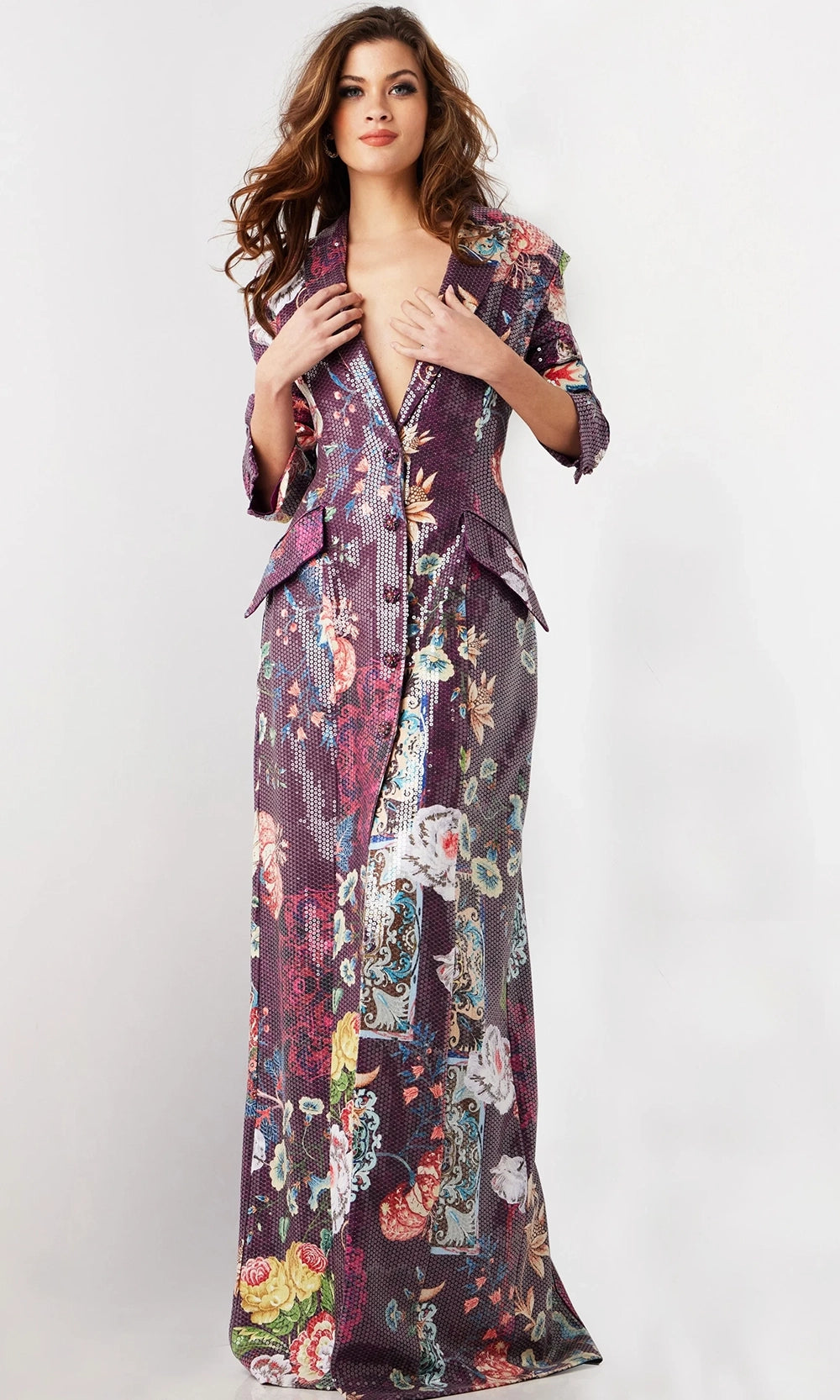 Jovani 26035 - Long Sleeve Coat Dress with Floral Print - detail view