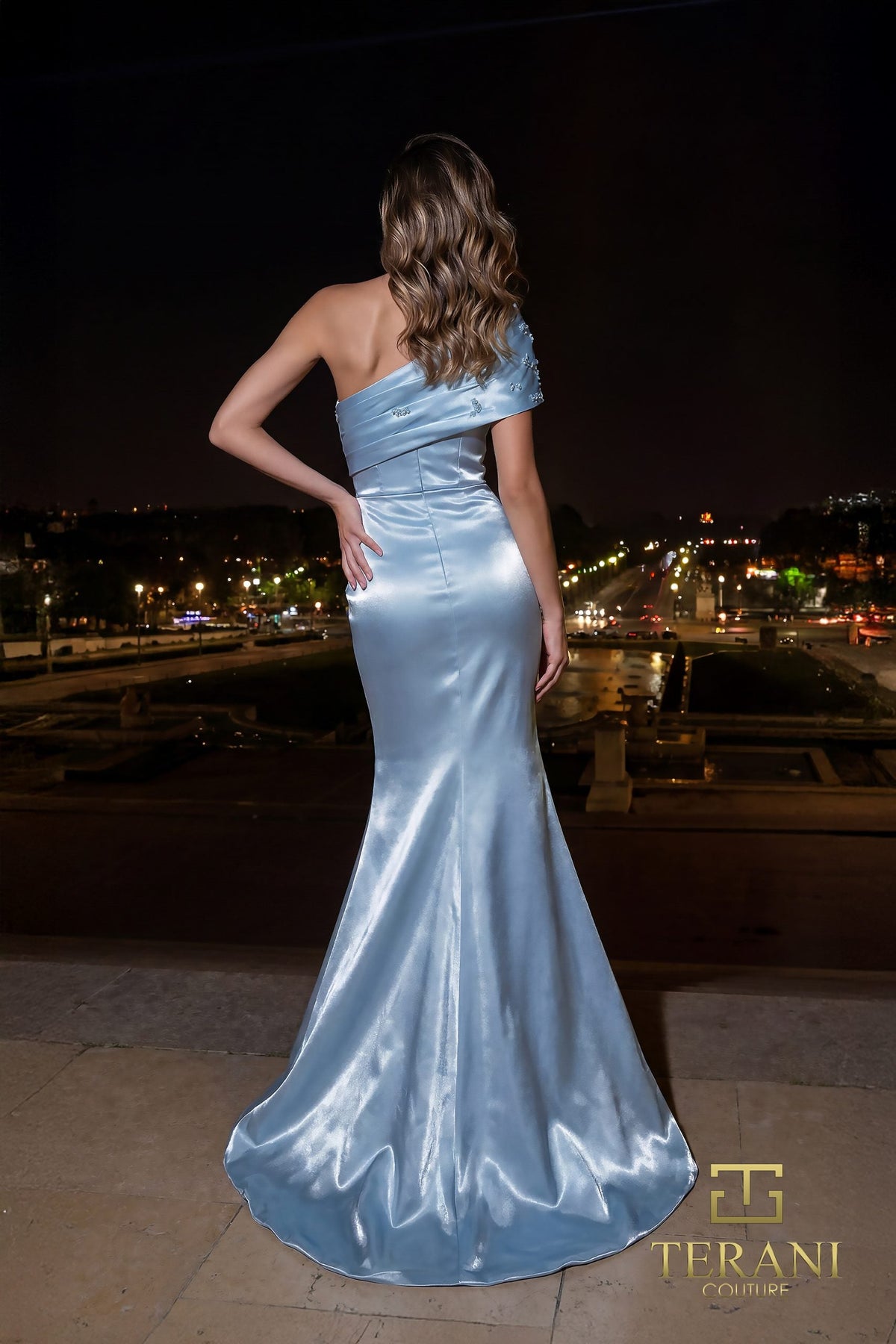Terani Couture 261E6227 - Asymmetric Neck Shimmer Evening Gown - view 5