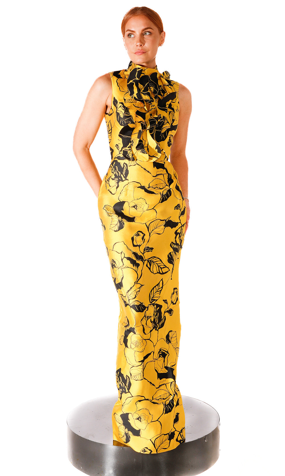 Terani Couture 261E6277 - High Neck Print Mikado Column Gown - back view