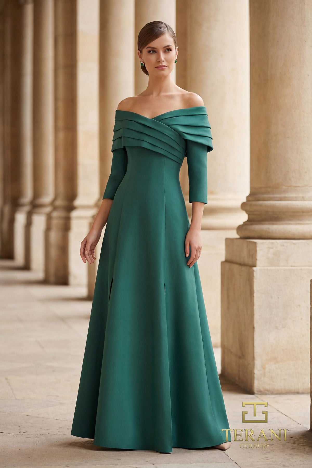 Terani Couture 261M6434 - Pleated Off Shoulder Mikado Gown - designer mother of the bride dress at Silhouette Dresses