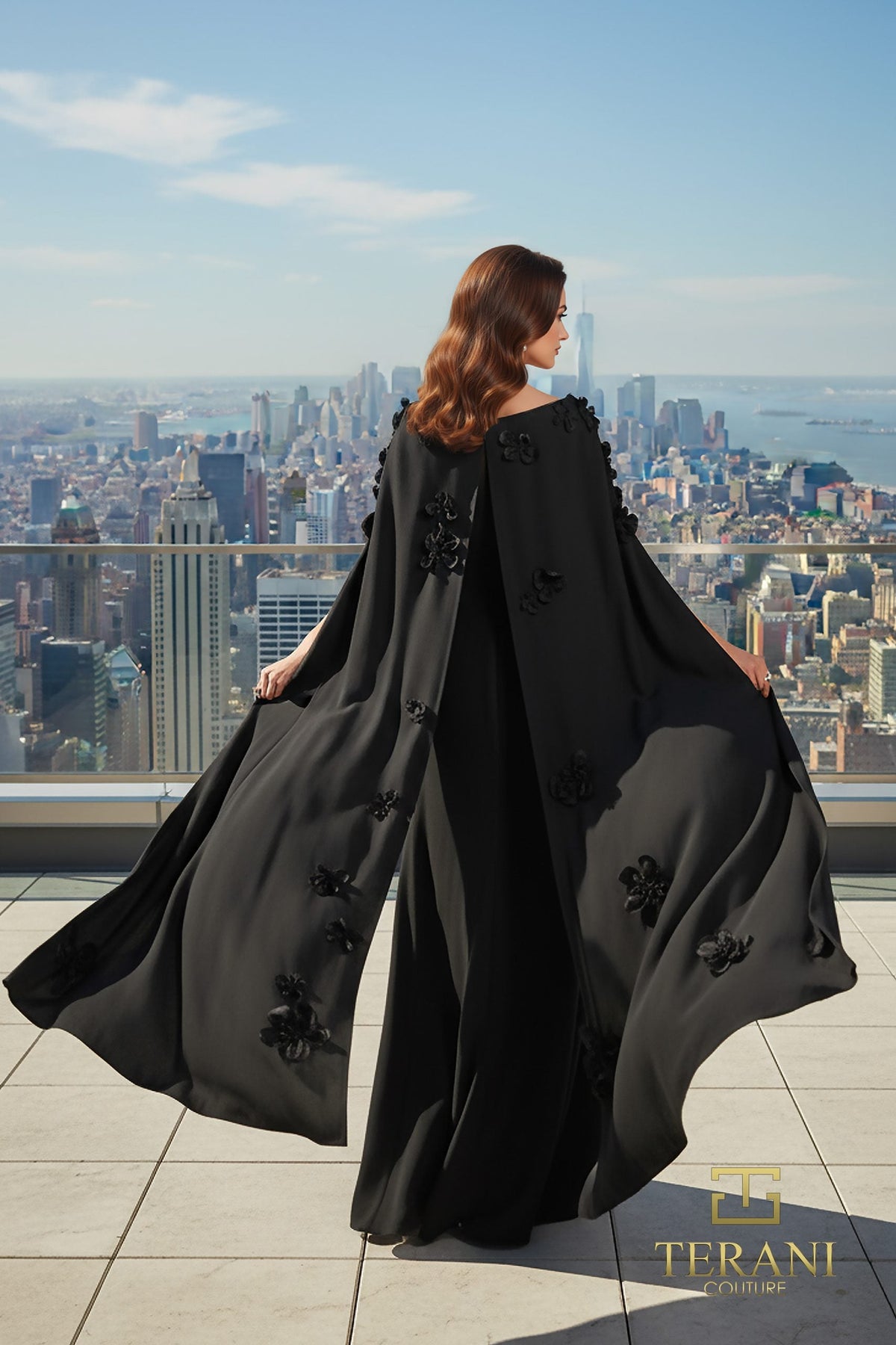 Terani Couture 261M6687 - Bateau Neck Crepe Gown with Cape - view 4