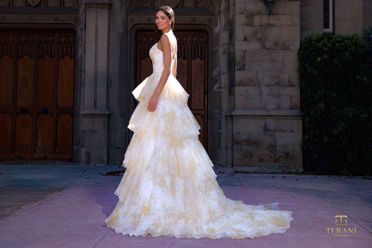 Terani Couture 261P6673 - Print Chiffon Sleeveless Tiered Gown - detail view