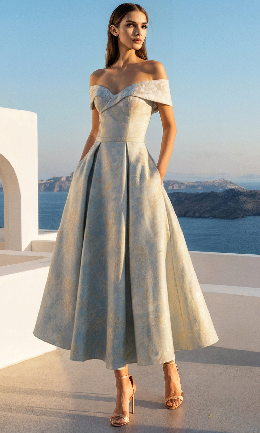 Terani Couture 261C6515 - Off Shoulder Jacquard A-Line Dress - back view