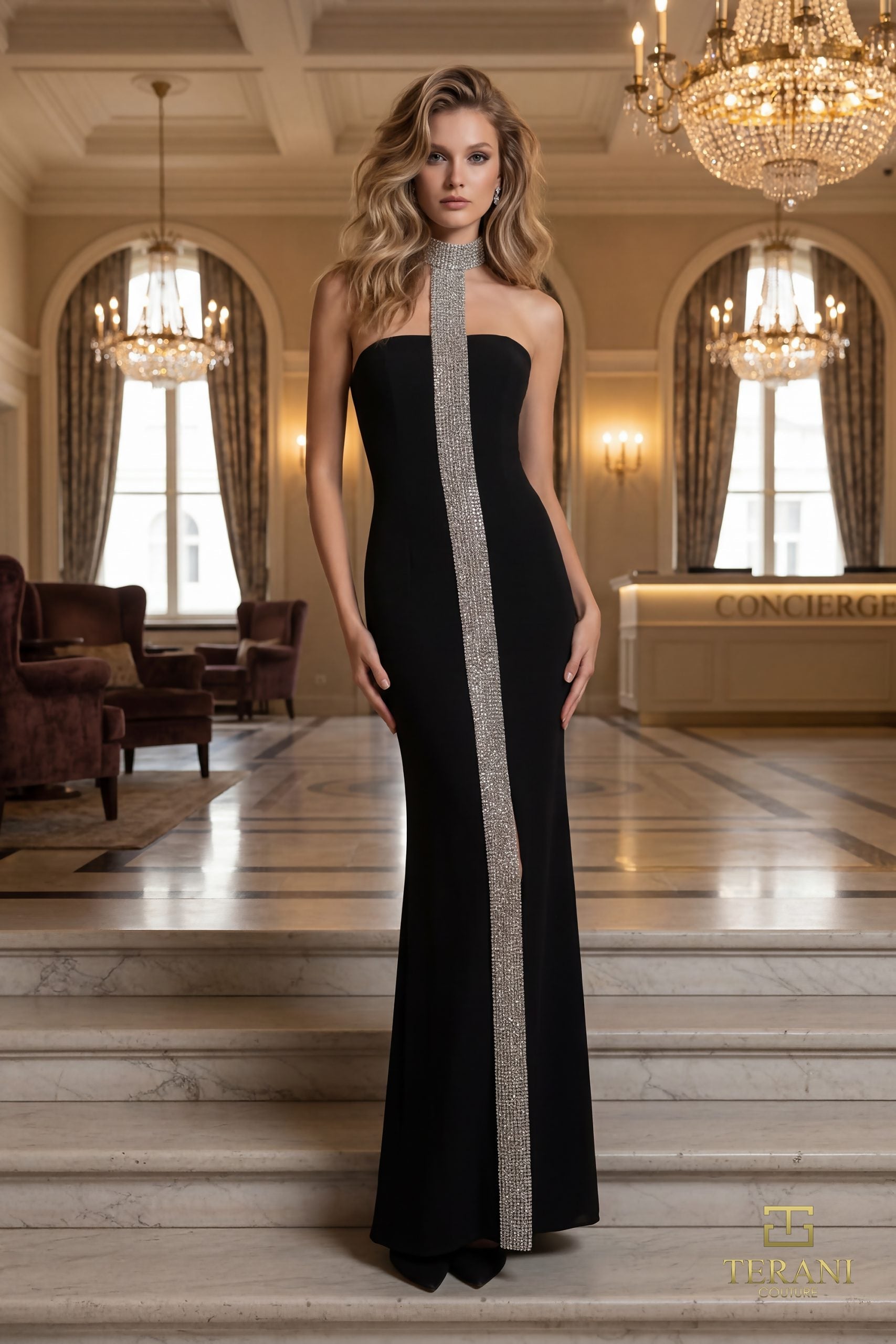 Terani Couture 261E6119 - Crystal Embellished High Neck Evening Gown - designer formal gown at Silhouette Dresses