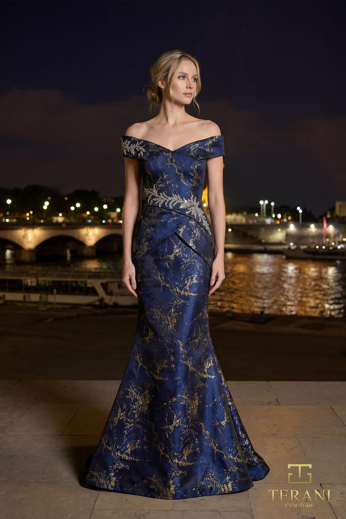 Terani Couture 261E6252 - Off Shoulder Jacquard Gown with Beading - designer mother of the bride dress at Silhouette Dresses