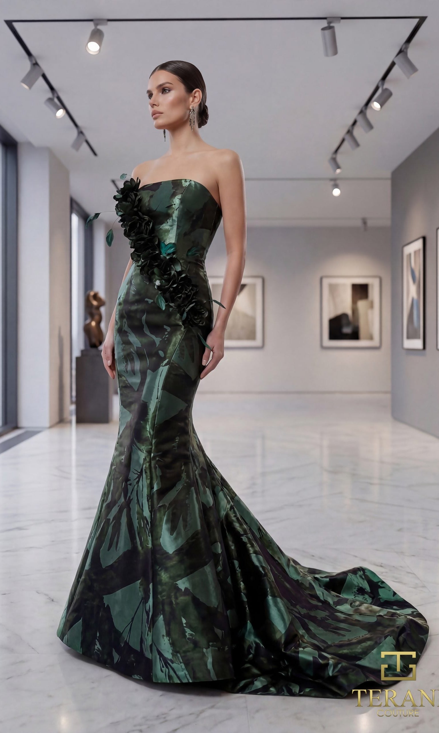 Terani Couture 261E6259 - Straight Neckline Shimmer Jacquard Gown - back view