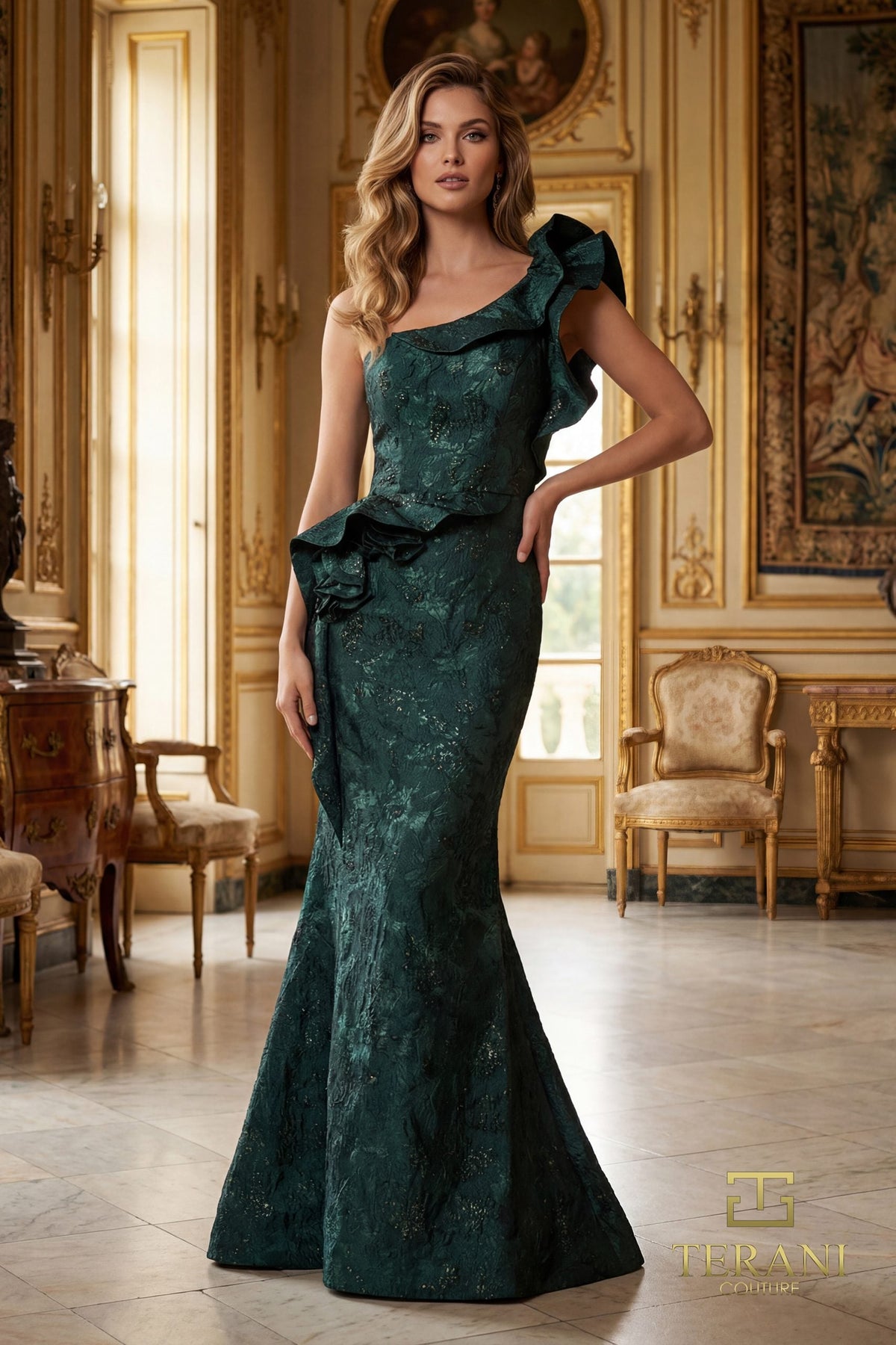 Terani Couture 261E6678 - Ruffled Asymmetric Neck Jacquard Gown - designer mother of the bride dress at Silhouette Dresses