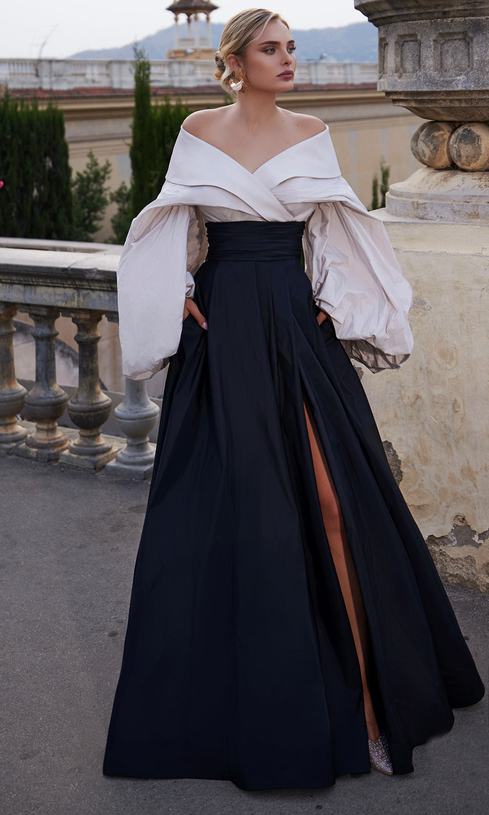 Terani Couture 261E6720 - Voluminous Sleeve Off Shoulder Taffeta Dress - designer mother of the bride dress at Silhouette Dre