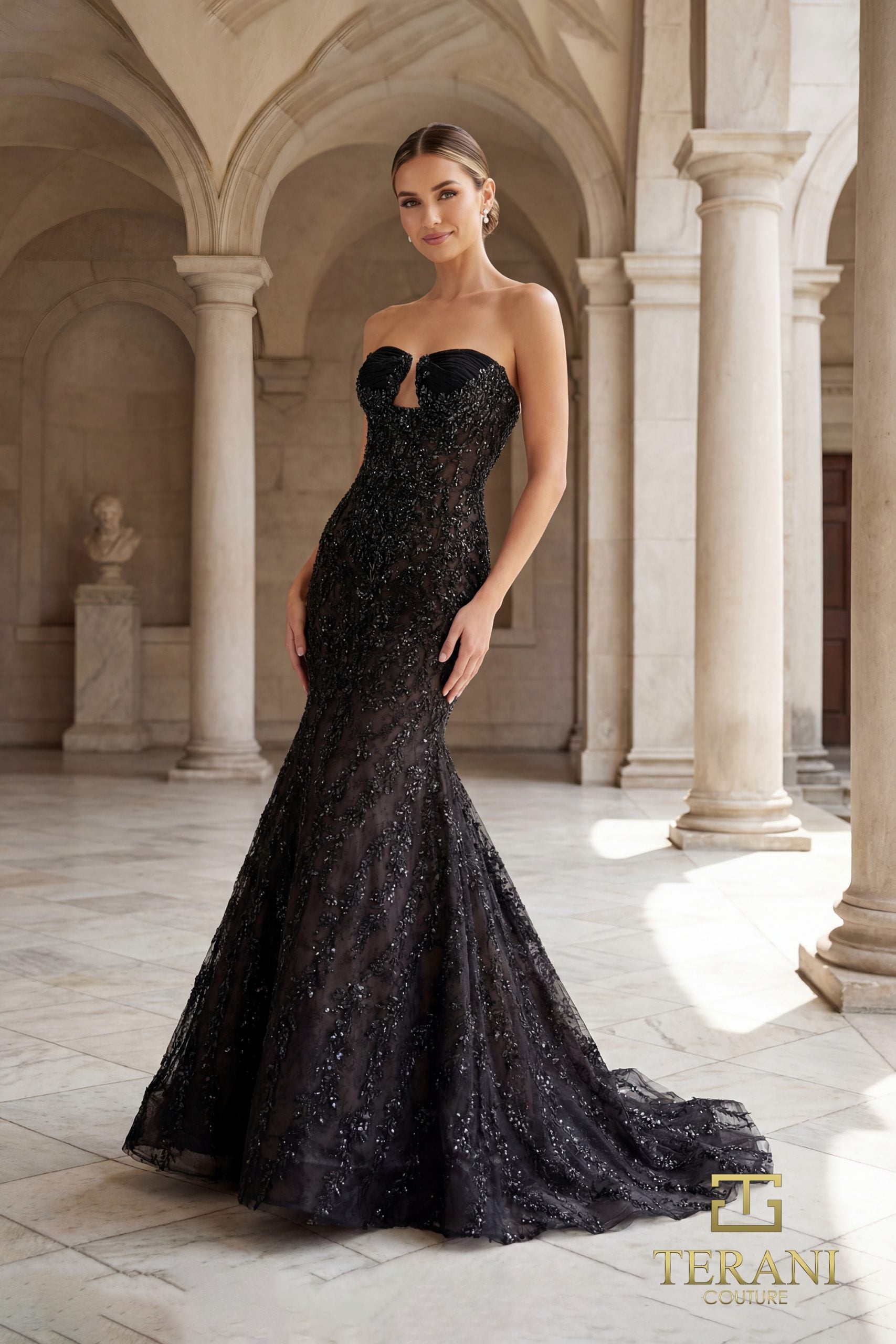 Terani Couture 261GL6001 - Beaded Ornate Mermaid Evening Gown - back view