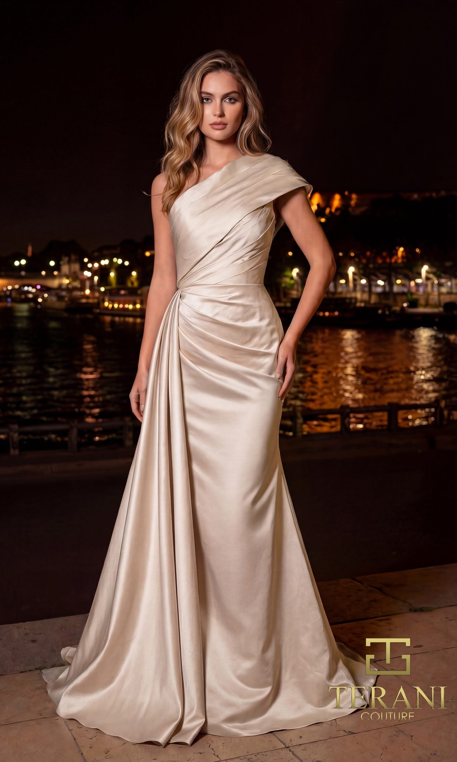 Terani Couture 261M6411 - Ruched Bodice Asymmetric Evening Gown - back view