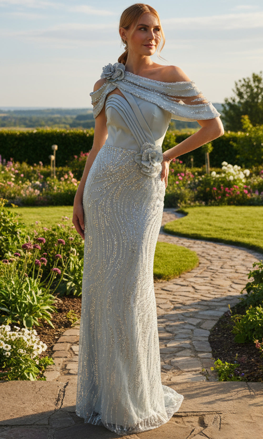 Terani Couture 261M6427 - Asymmetric Off Shoulder Beaded Gown - back view