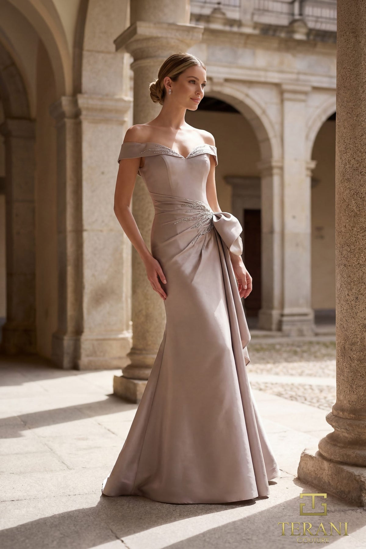Terani Couture 261M6431 - Off Shoulder Front Drape Gown with Beading - view 10