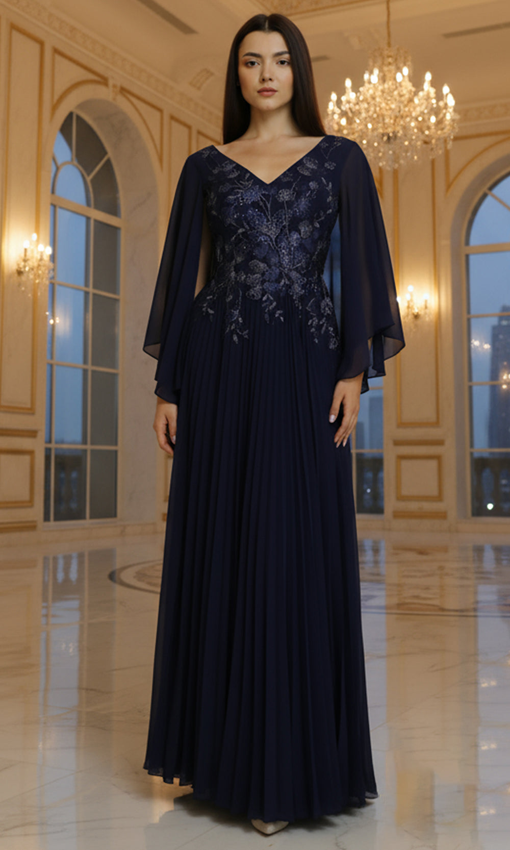 Terani Couture 261M6681 - Embroidered Cape Sleeve Chiffon Gown - designer mother of the bride dress at Silhouette Dresses