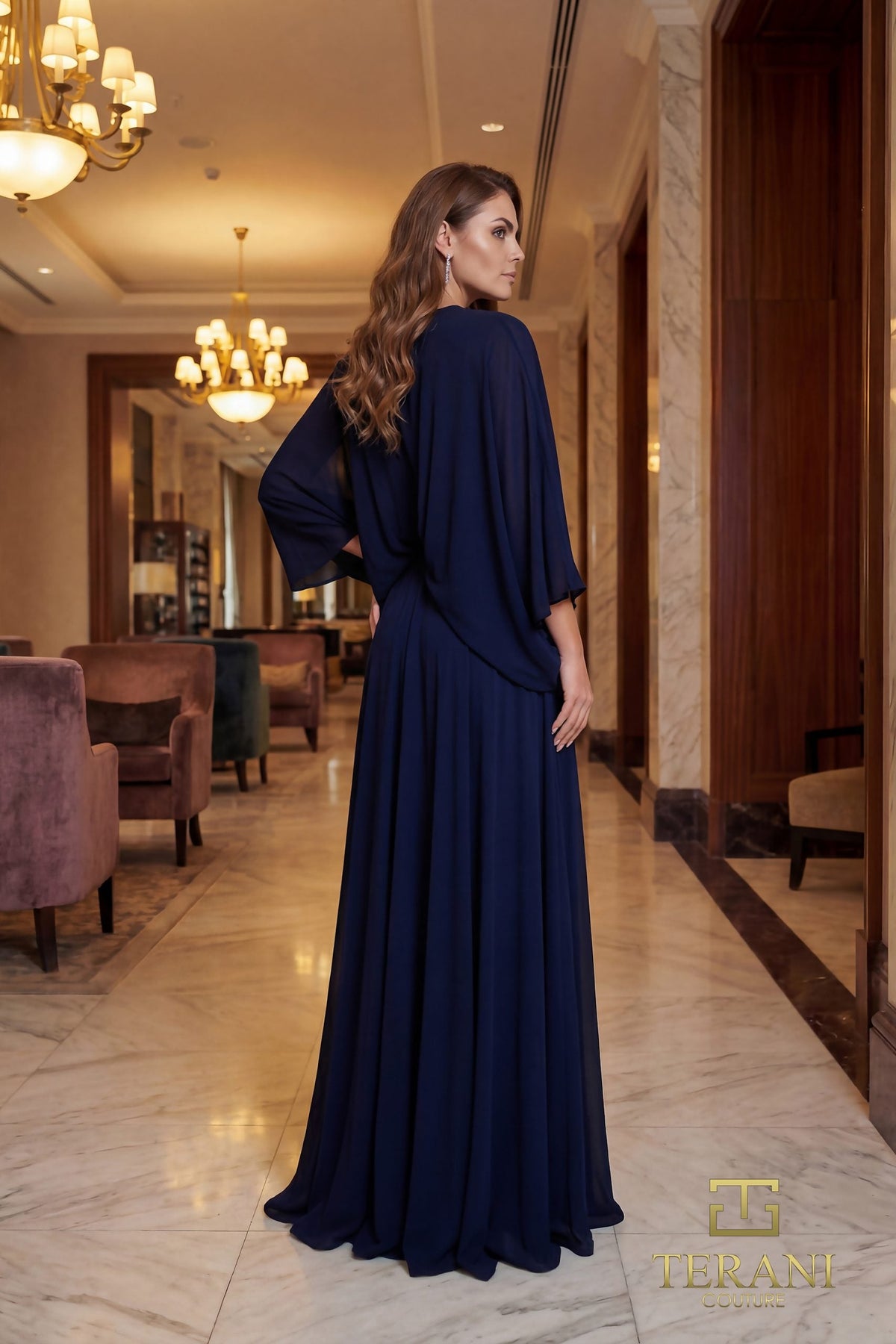 Terani Couture 261M6716 - Batwing Sleeve Georgette Flowy Gown - view 7