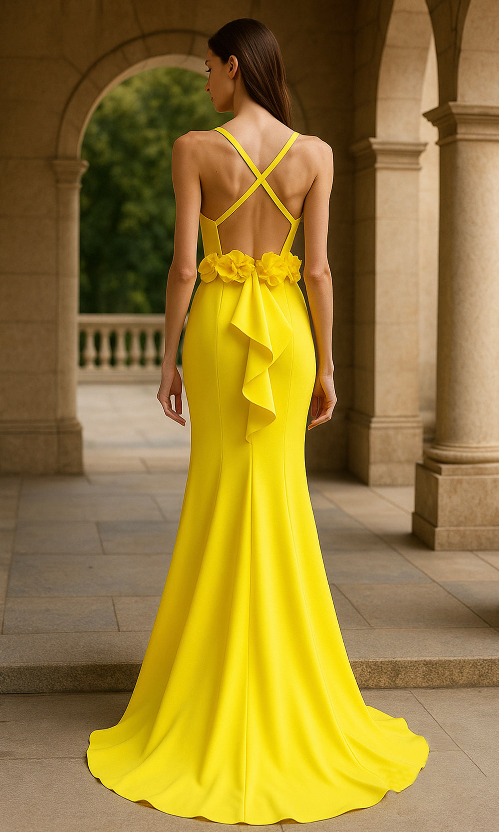 Terani Couture 261P6061 - Plunging V-Neck Floral Stretch Twill Gown - detail view