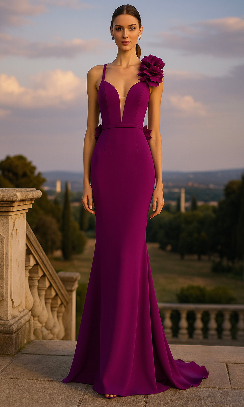 Terani Couture 261P6061 - Plunging V-Neck Floral Stretch Twill Gown - view 12