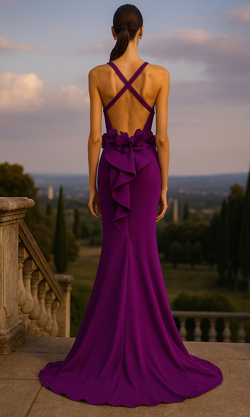 Terani Couture 261P6061 - Plunging V-Neck Floral Stretch Twill Gown - view 13