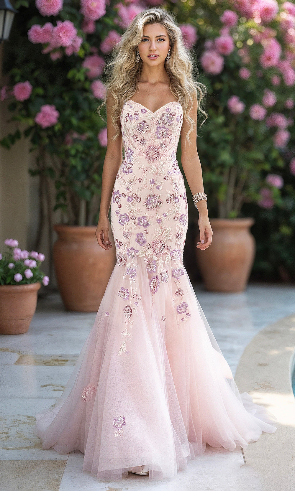 Terani Couture 261P6193 - Strapless Floral Embroidered Mermaid Dress - back view