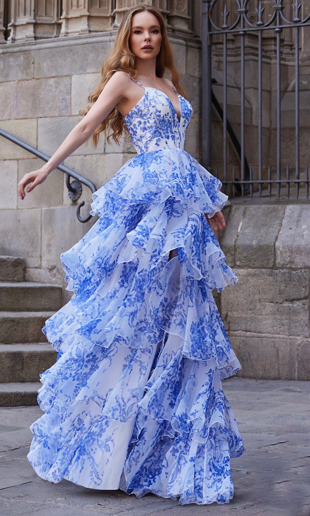 Terani Couture 261P6673 - Print Chiffon Sleeveless Tiered Gown - designer prom dress at Silhouette Dresses