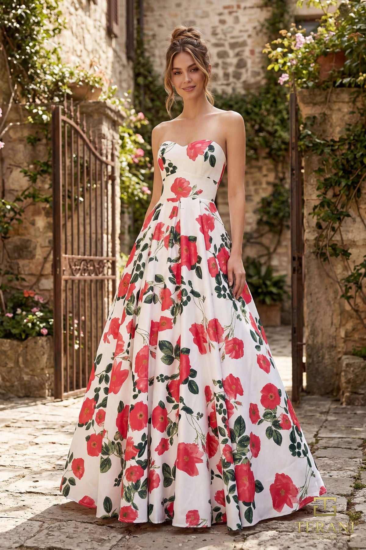 Terani Couture 261P6705 - Box Pleated Skirt Printed Satin Gown - view 4