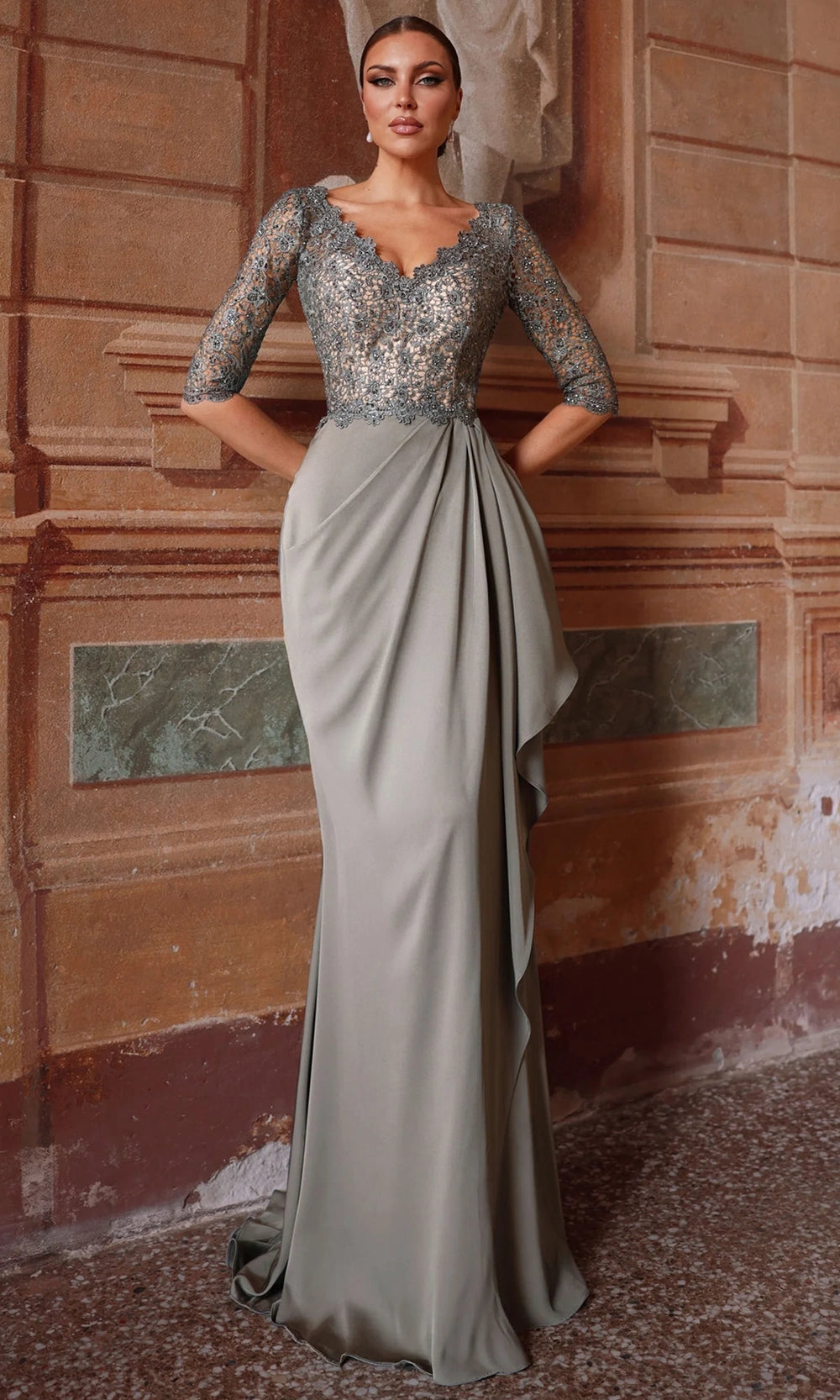 Alyce Paris 27260 - Scalloped Lace V-Neck Sheath Formal Dress - view 4