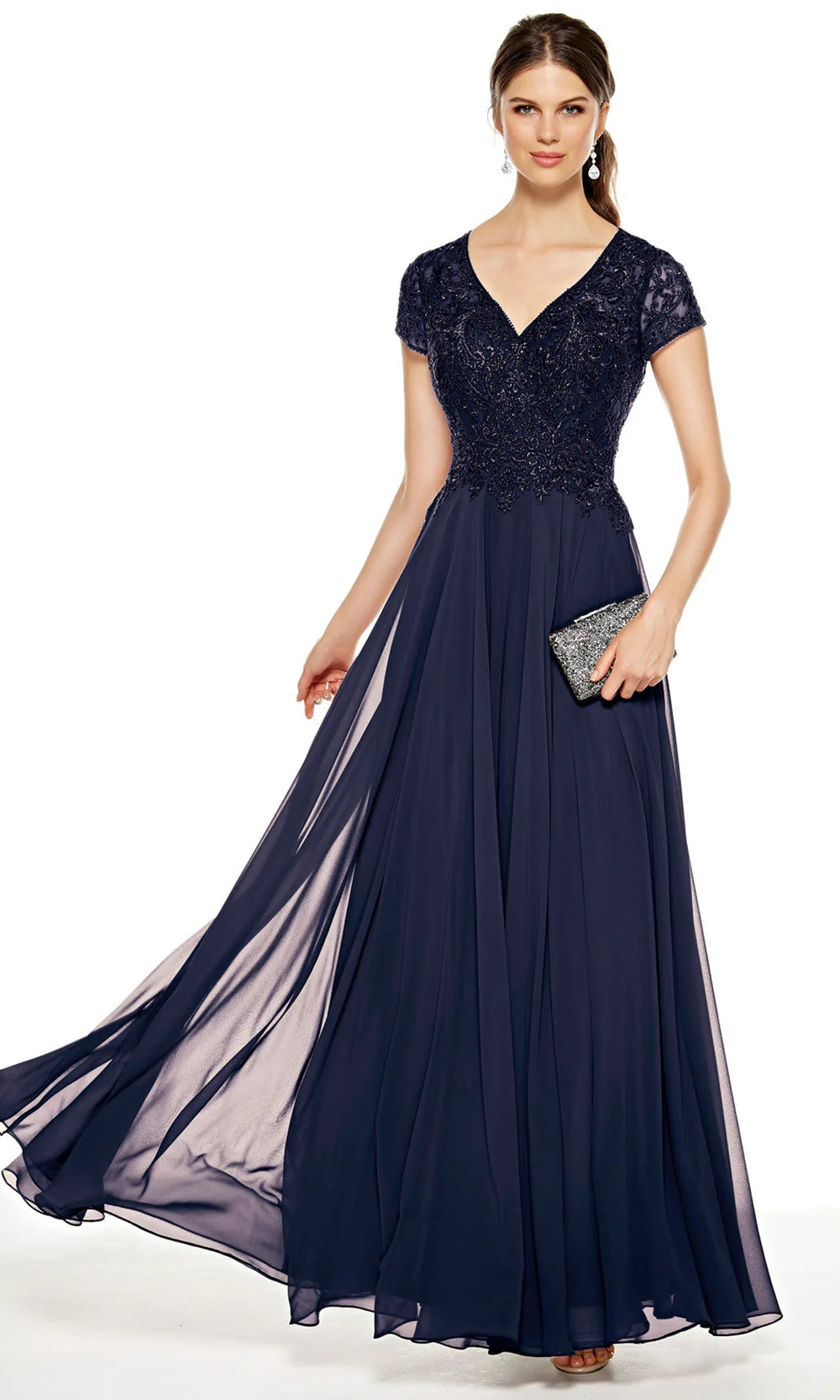 Alyce Paris 27389 - Lace Appliqued V-Neck Chiffon Gown - detail view