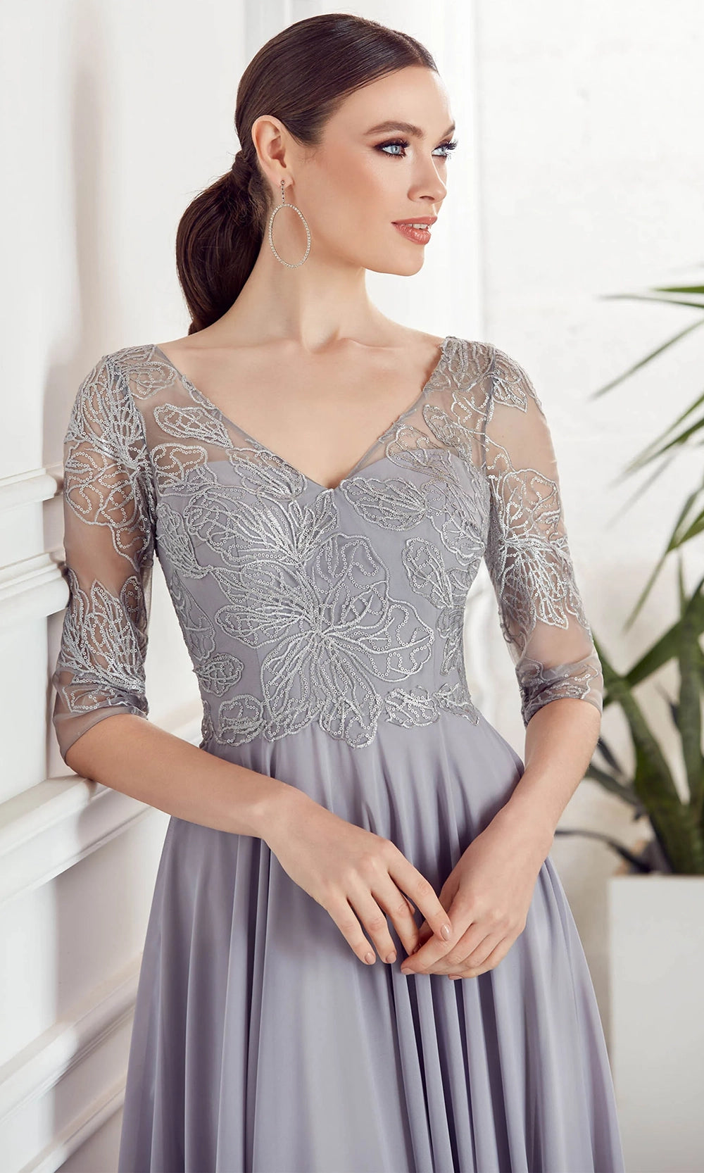 Alyce Paris 27475 - V-Neck Sequin Lace Gown with Sheer Sleeves - detail view