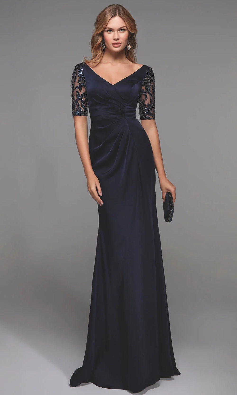 Alyce Paris 27498 - Embellished Sheer Sleeve Satin Evening Gown - designer mother of the bride dress at Silhouette Dresses