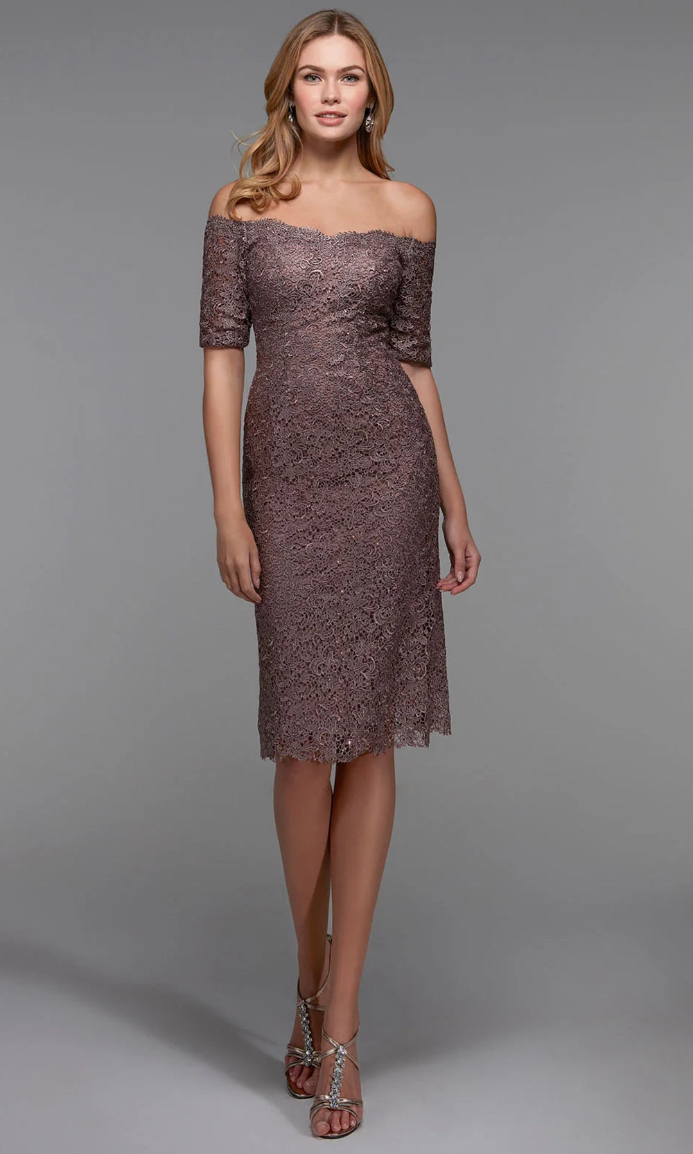 Alyce Paris 27535 - Off Shoulder Knee-Length Lace Dress - designer cocktail dress at Silhouette Dresses