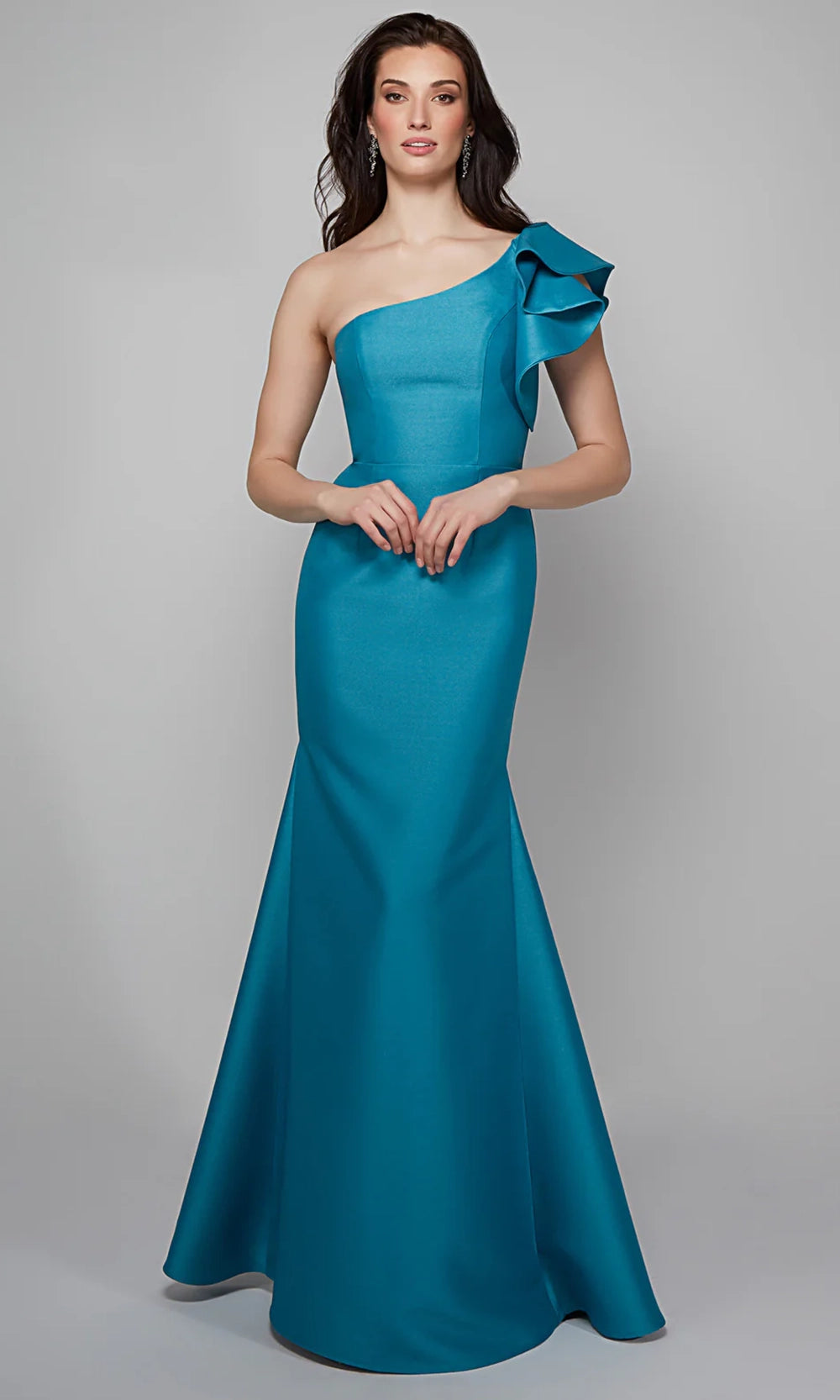 Alyce Paris 27641 - Asymmetric Mikado Gown with Shoulder Ruffle - detail view