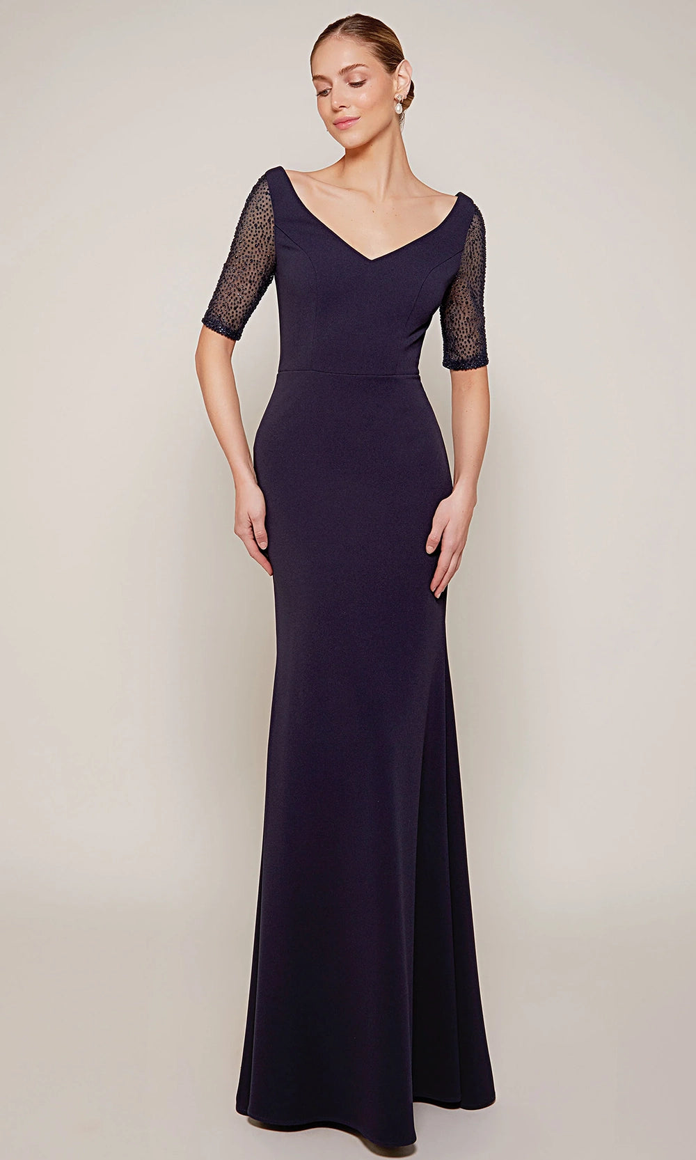 Alyce Paris 27677 - Beaded Sleeve Luxe Jersey Long Dress - designer mother of the bride dress at Silhouette Dresses