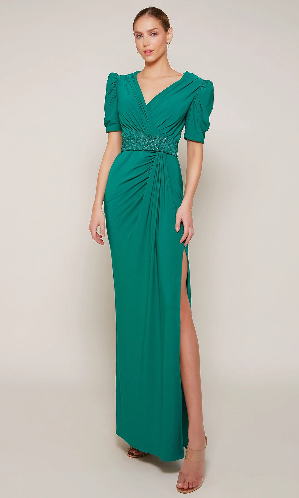 Alyce Paris 27690 - Beaded Waist Ruched V-Neck Dress - designer mother of the bride dress at Silhouette Dresses